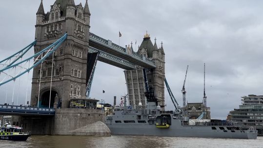 Norwegian Navy's HNOMS Nordkapp passing under Tower Bridge 23022023 CREDIT BFBS