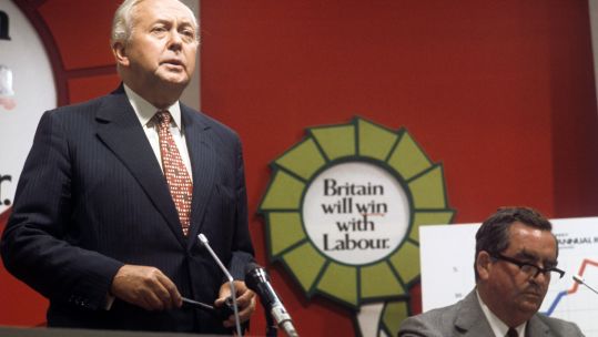 Mr Harold Wilson addressed a press conference during the general election campaign. Seated beside him is Mr Denis Healy, chancellor of the Exchequer.