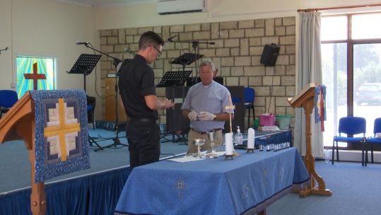 Padre Phil Corrigan and Padre Phil Craven at church at RAF Akrotiri, Cyprus 