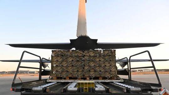 Pallets of ammunition are loaded onto an 86th Airlift Wing C-130J Super Hercules at Ramstein Air Base 07082022 CREDIT US DOD