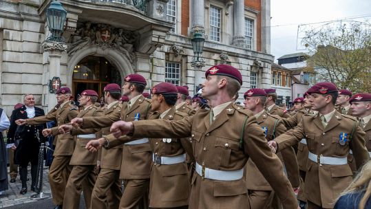 Members of the Parachute Regiment march through Colchester which has been a garrison for 2,000 years
