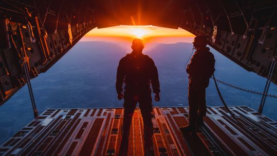 Pathfinder troops readying for a jump over Estonia from an RAF C-17 Globemaster as part of a Nato exercise
