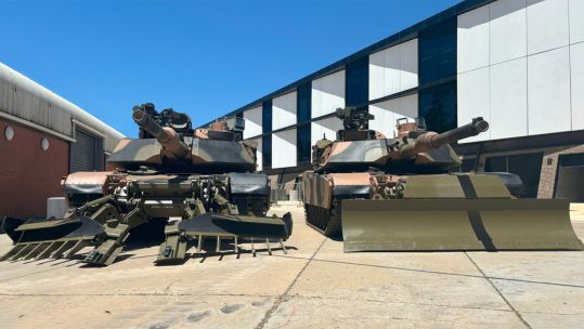 The Abrams main battle tanks will be equipped with track-width mine ploughs and combat dozer blades