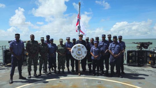 Personnel from HMS Trent alongside military personnel from Guyana as the ship visited the South American country 