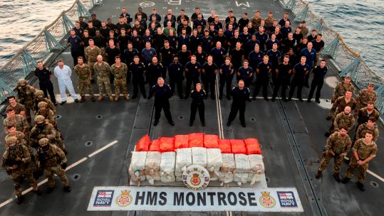 Personnel onboard HMS Montrose with a £15m drugs haul 