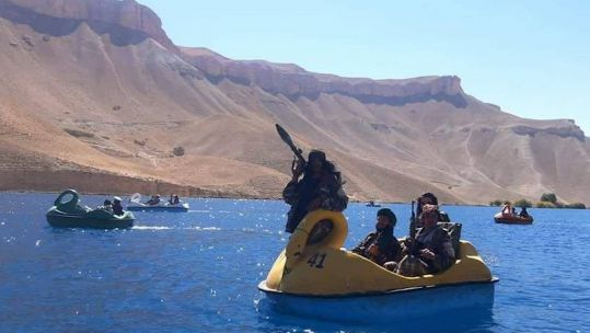 Photo appearing to show members of the Taliban in pedalos in Bamyan Province, east of Kabul, in Afghanistan