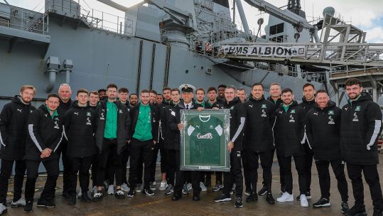 Plymouth Argyle FC standing by HMS Albion at HMNB Devonport (Picture: Royal Navy).