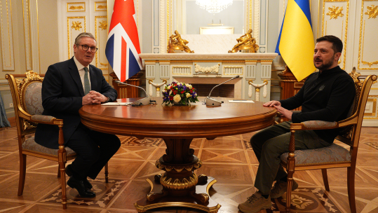 Prime Minister Sir Keir Starmer with Ukraine President Volodymyr Zelensky at the start of their bilateral talks at Mariinskyi Palace Kyiv 160125