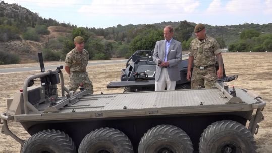 Prince Edward inspects an autonomous vehicle during a visit to Dhekelia, Cyprus.