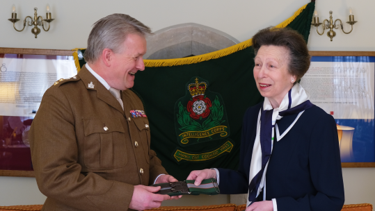Princess Anne at an audience with senior members of the British Army's Intelligence Corps as she becomes the Corps Colonel in Chief