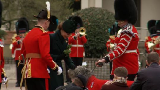 Princess Kate meeting Irish Guards regimental mascot on St Patrick's Day 170325 CREDIT BFBS