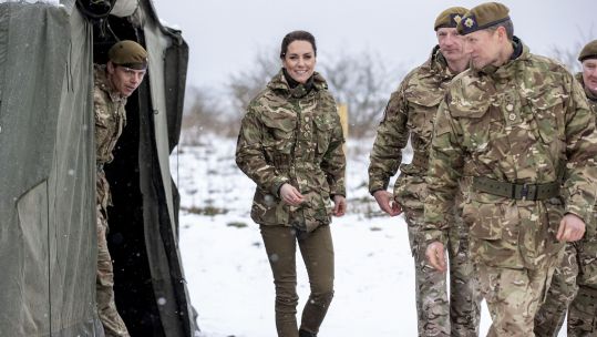 Princess of Wales, Colonel of Irish Guards, meets 1st Battalion Irish Guards at Salisbury Plain Training Area for first time since receiving honorary appointment 080323 NO REUSE CREDIT PA WIRE, PA IMAGES
