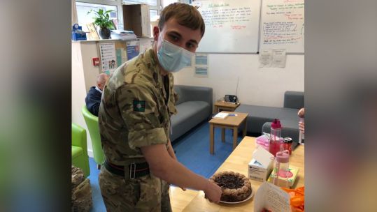 Cover image: Private Brandon Dean was surprised with a birthday cake and a card during his break (Picture: British Army).
