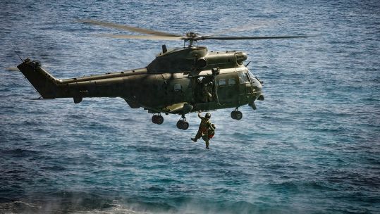Puma from 33 Squadron in Akrotiri practise winching a simulated casualty CREDIT MOD