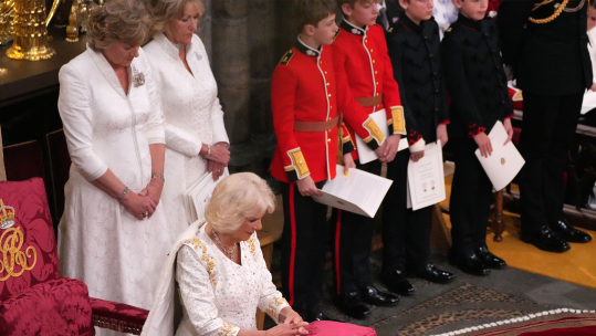 Queen Camilla and her pages during the coronation at Westminster Abbey