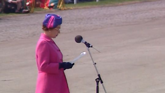 Queen Elizabeth II addresses UK troops based in Paderborn, Germany, in 1985.