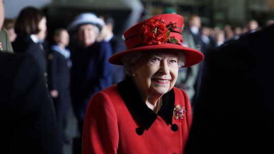 Queen Elizabeth II during a visit to HMS Queen Elizabeth at HM Naval Base, Portsmouth, ahead of the ship's maiden deployment 220521 CREDIT PA Alamy.jpg