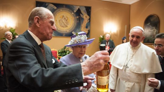 Queen Elizabeth and Prince Philip meet Pope Francis for the first time during a private audience in a room next to the Paul VI auditorium in the Vatican 030414 CREDIT Abaca Press Alamy Stock Photo