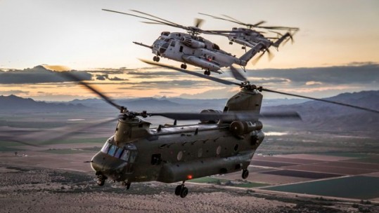 RAF 27 Squadron Chinook flies with two US Marines CH-53 Sea Stallions