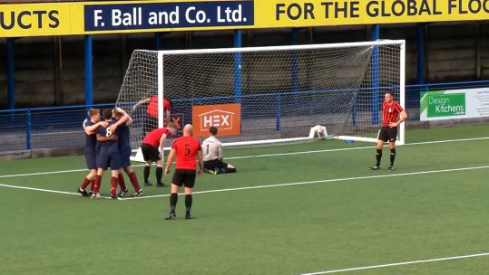 RAF Brize Norton players celebrate scoring a goal against RAF Leeming in the RAF Cup Final
