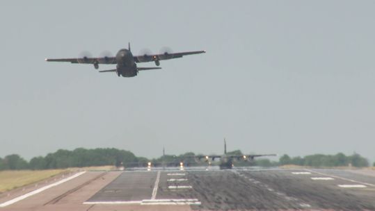 RAF C-130s Hercules retirement flypast take off RAF Brize Norton 140623 CREDIT BFBS