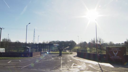RAF CROUGHTON FRONT GATE wide shot empty