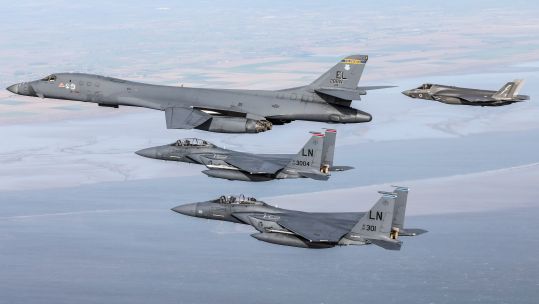 RAF F35B lighting joined US B-1B lancer and F-15 Eagle for flypasts for Eighth Air Force 80th Anniversary 01022022 CREDIT RAF MOD.jpg