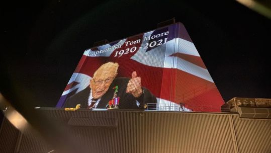 RAF Fylingdales base's projector tribute to Captain Sir Tom Moore 24022021 CREDIT BFBS