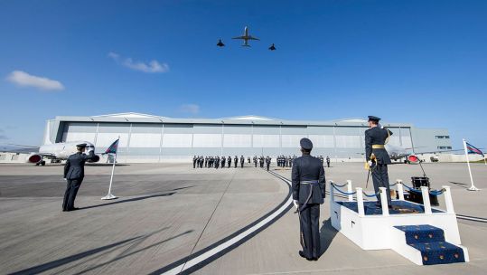 RAF P-8A and two flanking Typhoons fly past the newly-named Atlantic Building at Lossiemouth to signify the start of 120 Squadron parade 010921 CREDIT MOD