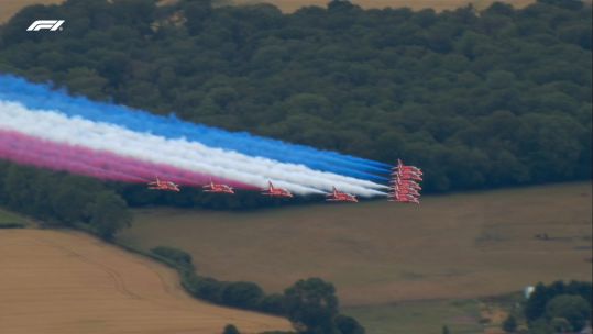 The Formula 1 X account posted an image of the Red Arrows spraying their customary red, white, and blue coloured smoke trails (Picture: F1 X)