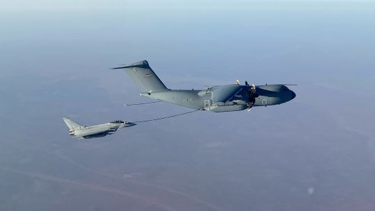 A RAF Typhoon and a German Atlas A400M refuel mid air.