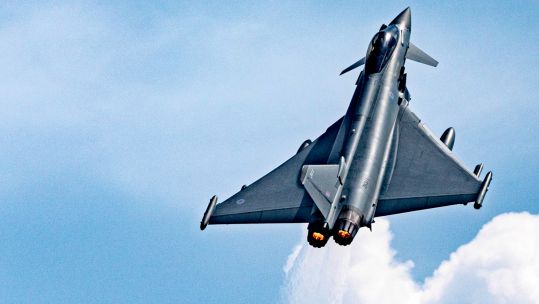 Library Upload RAF Typhoon based in Romania seen in the sky as part of Ex Swift Response in North Macedonia 270522 CREDIT RAF