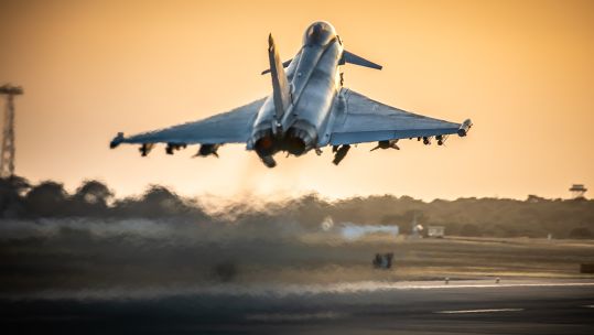 RAF Typhoon evening Op SHADER sortie lifting to conduct operations over the Middle-East