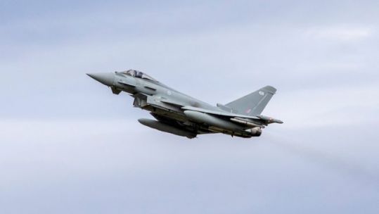 RAF Typhoon from RAF Lossiemouth jet departs Kinloss Barracks Exercise Point Blank over the North Sea