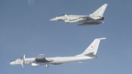 RAF Typhoon intercepts a Tupolev Tu-95 Russian bomber approaching UK airspace (Picture: RAF).