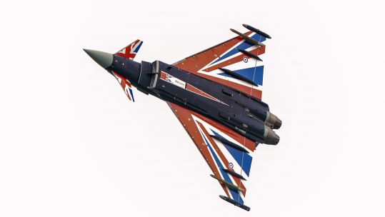 RAF Typhoon with Union Flag paintwork takes off from RAF Coningsby