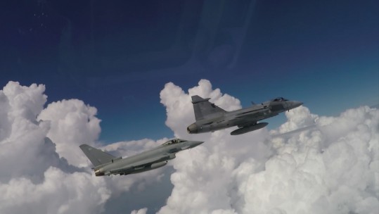 RAF Typhoons and Hungarian Gripen jets train together