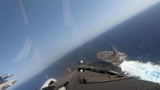 RAF Typhoons fly over world's largest aircraft carrier USS Gerald R Ford 070923 CREDIT RAF