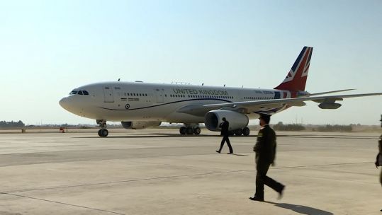 RAF VIP Voyager arrives in Jordan carrying Charls and Camilla after flying using sustainable aviation fuel for first time 161121 CREDIT POOL NO CREDIT NEEDED