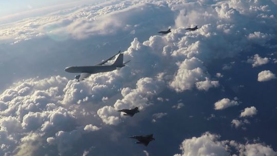 An RAF Voyager travels alongside French jets (Picture: RAF).
