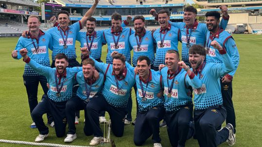 RAF cricketers celebrate with T20 Inter Services trophy at Lord's Credit BFBS DATE 22052025.jpg 