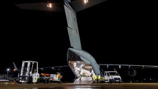 RAF flight delivering aid to Egypt, where it will be distributed in Gaza, Palestine