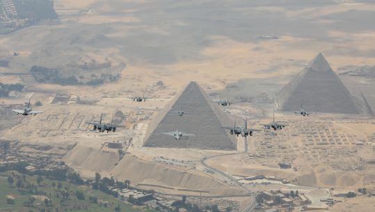 Exercise Bright Star, normally held in Egypt every two years, saw Typhoons fly alongside other aircraft over Egypt's pyramids (Picture: RAF).