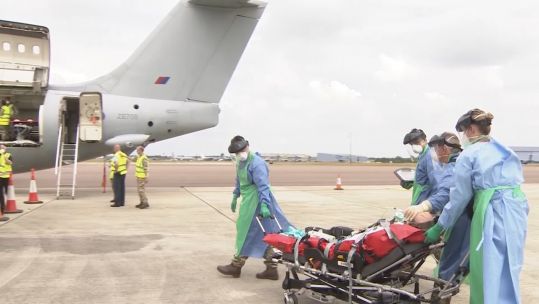 RAF medics at RAF Brize Norton demonstrate how aircraft are being used for COVID19 patients transport 160620 CREDIT BFBS.jpg 