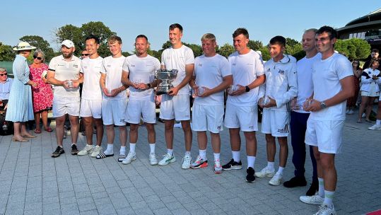 RAF men celebrate winning team trophy at Wimbledon Credit BFBS DATE 31072024.jpg 