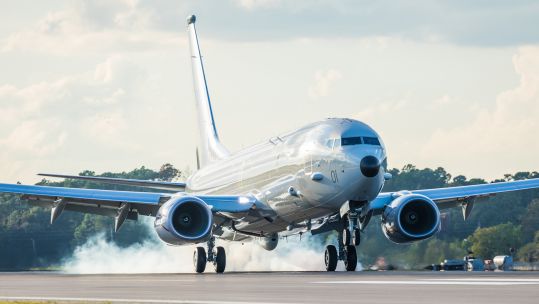The RAF's new P-8A Poseidon aircraft lands at NAS Jacksonville (Picture: MOD).
