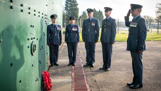 RAF personnel lay a wreath at RAF Scampton following the death of George 'Johnny' Johnson, who was the last remaining Dambuster from the Second World War