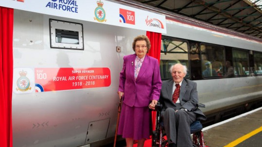 RAF veterans Mary Roberts and Wing Commander Wynne DFC unveil train named to commemorate the RAF’s centenary