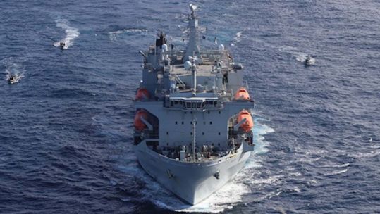 RFA Argus acts as the target ship during Royal Marines boarding training in the Mediterranean in 2022