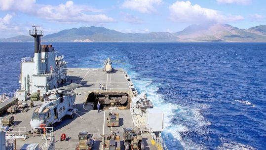 RFA Argus sailing away from the coast of Montserrat in the Caribbean (Picture: MOD).